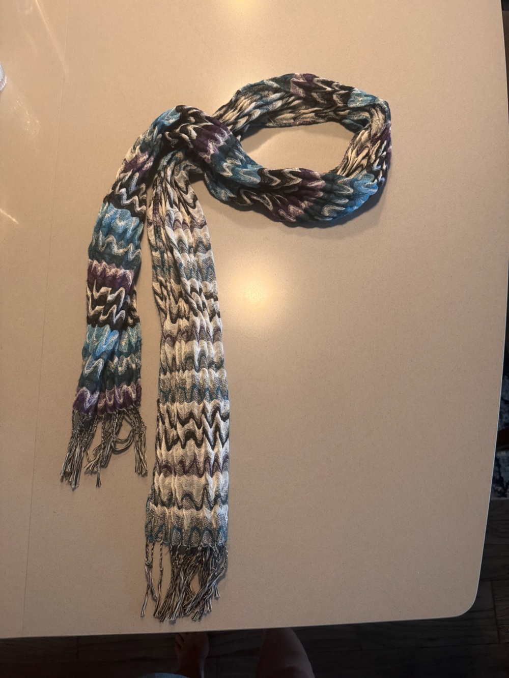 Wavy Knit Fringe Scarf in Blue, Purple, Black, and White